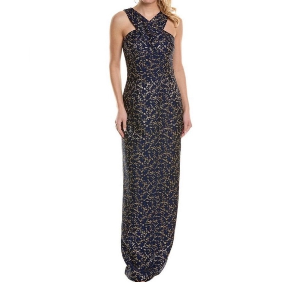 Teri Jon  Navy and Gold Evening halter gown